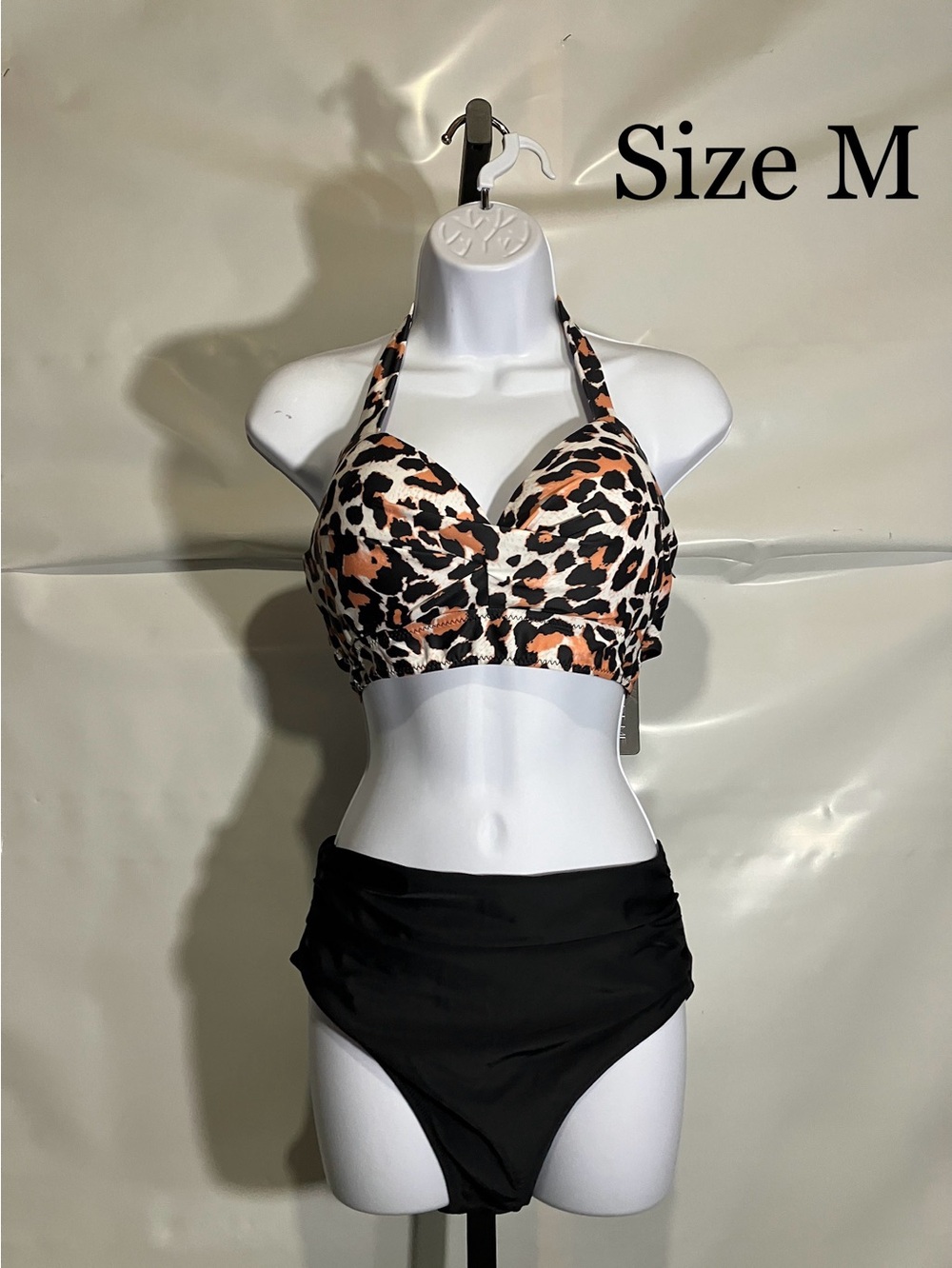 Womenβs Leopard Print Halter TopBlack High-Waist Bikini Swimsuit -Size Medium